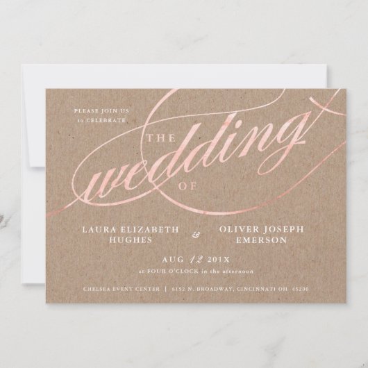 Rustikale Kraft & Rose Gold Script Hochzeit Einladung (Vorderseite)