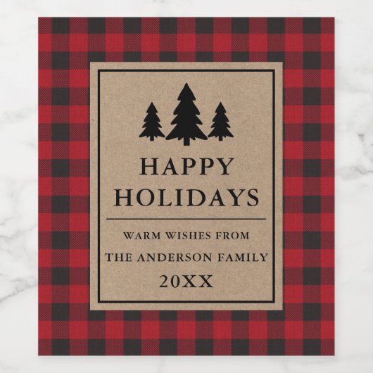 Rustikale Kraft Rote Karierte Pines Happy Holidays Weinetikett (Einzelnes Label)