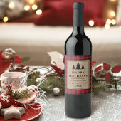 Rustikale Kraft Rote Karierte Pines Happy Holidays Weinetikett