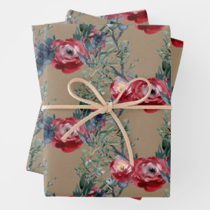 Rustikale Kraft rote Rosen Kiefern Fichten & Beere Geschenkpapier Set