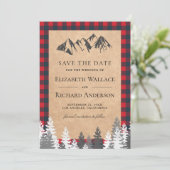 Rustikale Kraft Roter Buffalo-Karo Berghochzeit Save The Date (Stehend Vorderseite)