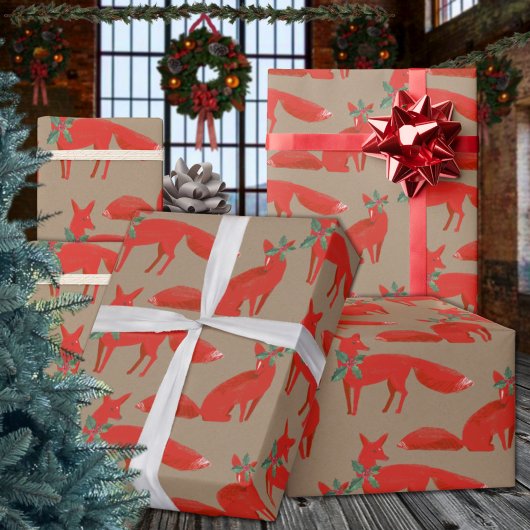 Rustikale Kraft-Rotfüchse an einem holzigen Datum Geschenkpapier