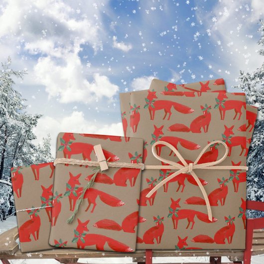 Rustikale Kraft-Rotfüchse an einem holzigen Datum Geschenkpapier Set