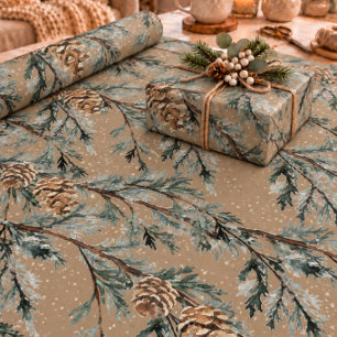 Rustikale Kraft Schneeblaue Wacholderzweige & Zapf Geschenkpapier