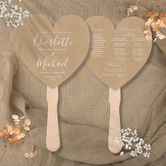Rustikale Kraft-Schrift Hochzeitsprogramm Herz Fächer