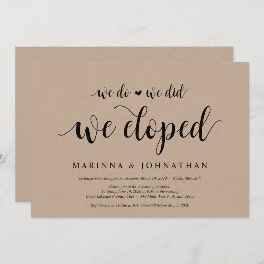 Rustikale Kraft, schwarze Schrift, Hochzeitsfeier Einladung (Vorne/Hinten)