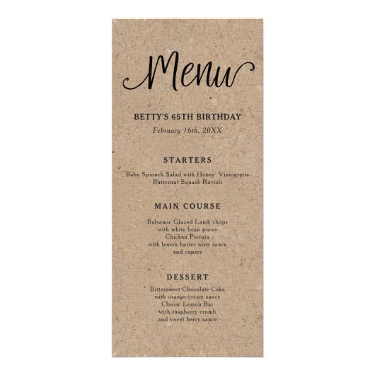 Rustikale Kraft Script Tall Menu Card Werbekarte (Vorne)