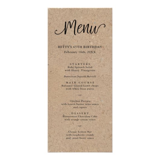 Rustikale Kraft Script Tall Menu Card Werbekarte (Vorne)