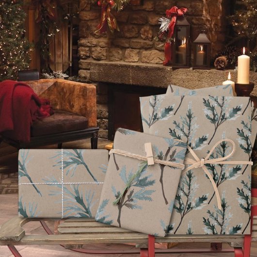 Rustikale Kraft Silver Blue Spruce Tree Branchen Geschenkpapier Set