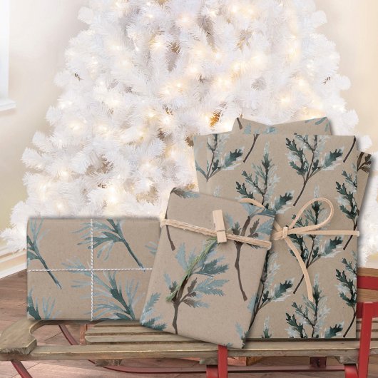 Rustikale Kraft Silver Blue Spruce Tree Branchen Geschenkpapier Set