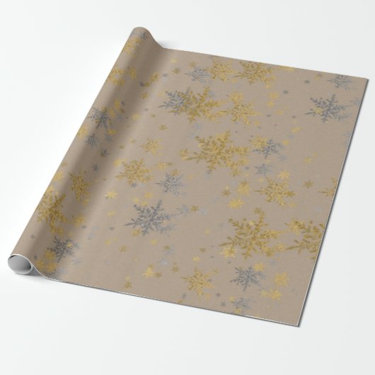 Rustikale Kraft Silver & Gold Schneeflocken Geschenkpapier (Ungerollt)