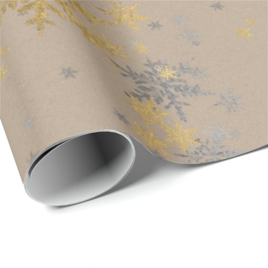 Rustikale Kraft Silver & Gold Schneeflocken Geschenkpapier (Rolleneckpunkt)