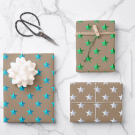 Rustikale Kraft Silver Green Turquoise Blue Stars Geschenkpapier Set