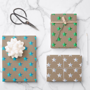 Rustikale Kraft Silver Green Turquoise Blue Stars Geschenkpapier Set