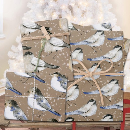 Rustikale Kraft Snowy Black & Blue Chickadevögel Geschenkpapier Set