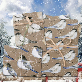 Rustikale Kraft Snowy Black & Blue Chickadevögel Geschenkpapier Set