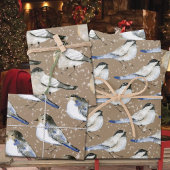 Rustikale Kraft Snowy Black & Blue Chickadevögel Geschenkpapier Set