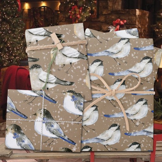 Rustikale Kraft Snowy Black & Blue Chickadevögel Geschenkpapier Set