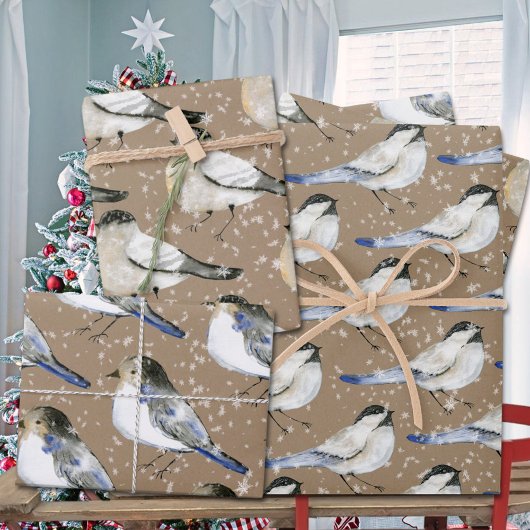 Rustikale Kraft Snowy Black & Blue Chickadevögel Geschenkpapier Set