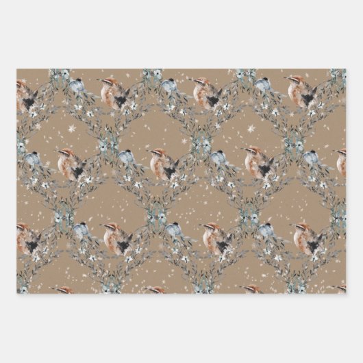 Rustikale Kraft Snowy Winter Birds Nesting Geschenkpapier Set (Vorderseite)