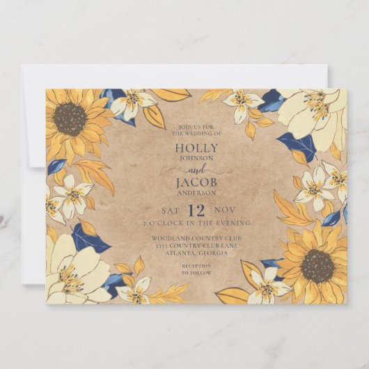 Rustikale Kraft Sonnenblume Blaue Blütenblume Hoch Einladung (Vorderseite)