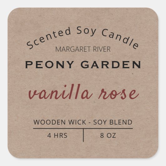 Rustikale Kraft Soy Candle Labels Quadratischer Aufkleber (Vorderseite)