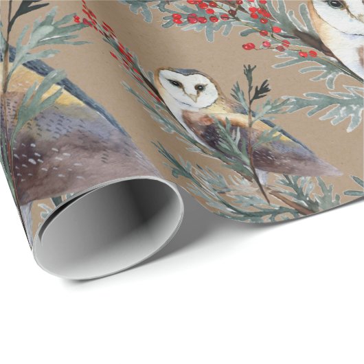 Rustikale Kraft-Stall-Owls in einem jungen Baumlan Geschenkpapier (Rolleneckpunkt)