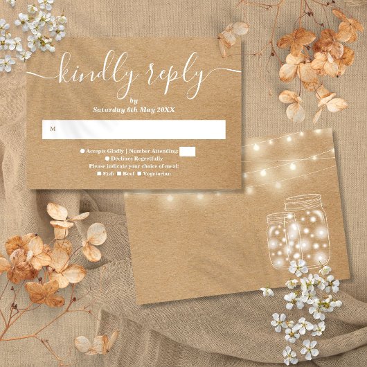 Rustikale Kraft String Lights Mason Jars RSVP Card Karte