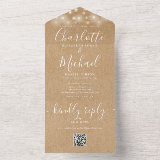 Rustikale Kraft String Lights QR Code Wedding All In One Einladung (Innen Boden)