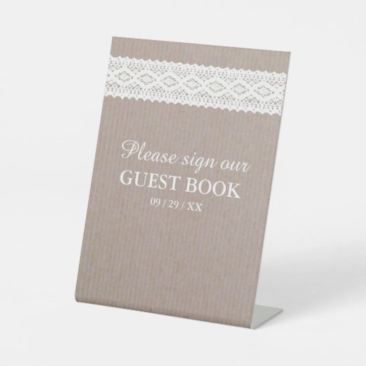 Rustikale Kraft- und Vintag-White-Lace-Hochzeit Sockelschild (Vorderseite)