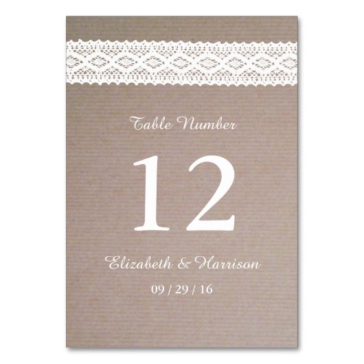 Rustikale Kraft- und Vintag-White-Lace-Hochzeit Tischnummer (Vorderseite)
