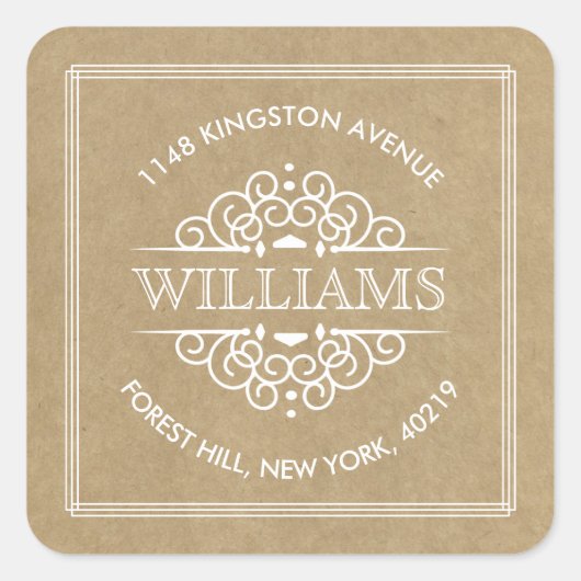 Rustikale Kraft-Verzierte Wirbel Benutzerdefiniert Quadratischer Aufkleber (Vorderseite)