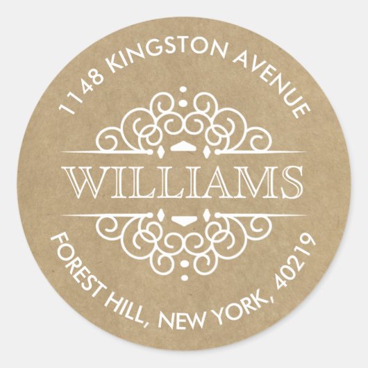 Rustikale Kraft-Verzierte Wirbel Benutzerdefiniert Runder Aufkleber (Vorderseite)