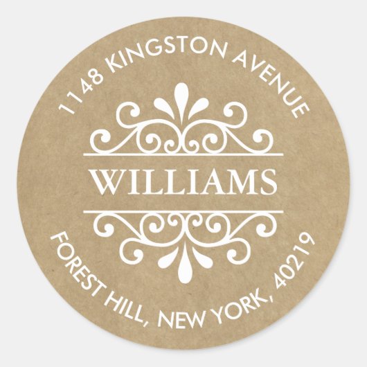 Rustikale Kraft-Verzierte Wirbel Benutzerdefiniert Runder Aufkleber (Vorderseite)