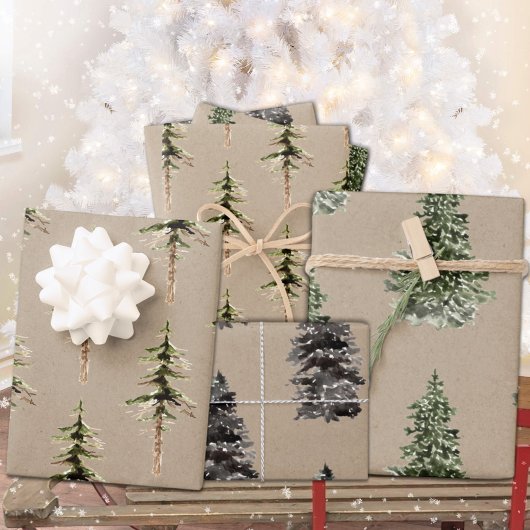 Rustikale Kraft-Wald Pine Spruce Trees Geschenkpapier Set