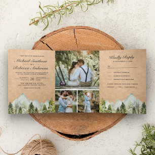 Rustikale Kraft-Wasserfarbe-Bergkiefern-Hochzeit Dreifach Gefaltete Einladung