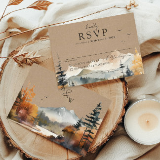 Rustikale Kraft-Wasserfarbe Herbstbaum-Berg-Hochze RSVP Karte