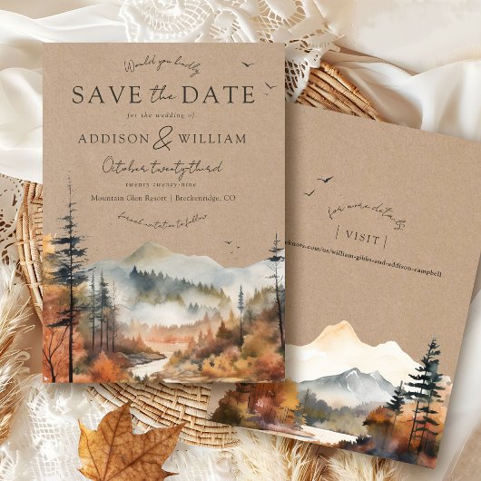 Rustikale Kraft-Wasserfarbe Herbstbaum-Berg-Hochze Save The Date