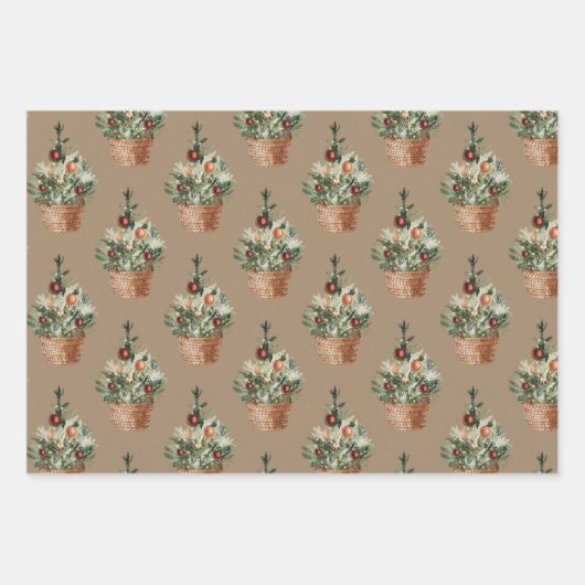 Rustikale Kraft Weihnachtsbaumen in einem Korb Geschenkpapier Set (Vorderseite)