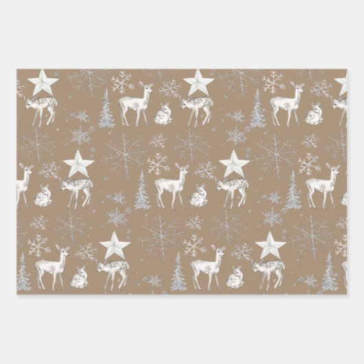 Rustikale Kraft White Baby Doer Deer Silver Snowfl Geschenkpapier Set (Vorderseite)