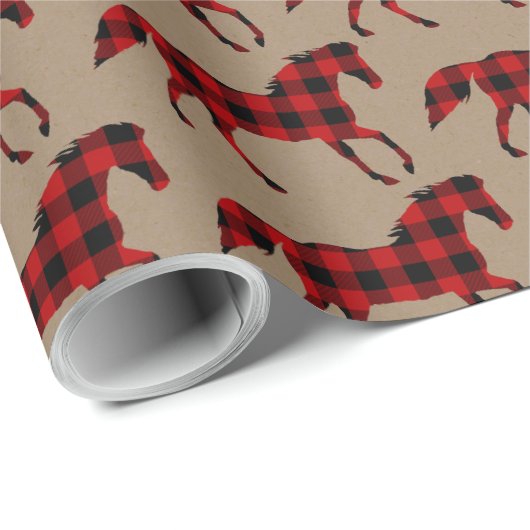 Rustikale Kraft-Wildpferde in Buffalo Kariert Geschenkpapier (Rolleneckpunkt)
