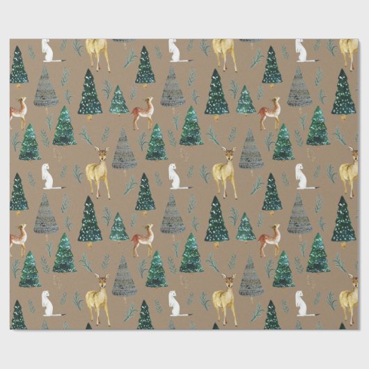 Rustikale Kraft Winter Animals Grüne Spruce Trees Geschenkpapier (Flach)