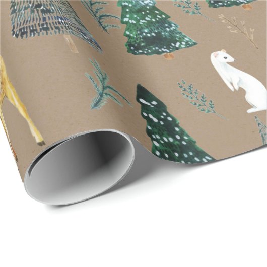 Rustikale Kraft Winter Animals Grüne Spruce Trees Geschenkpapier (Rolleneckpunkt)