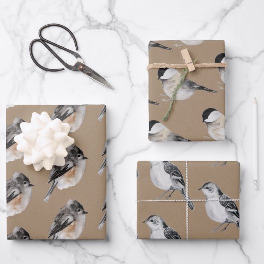 Rustikale Kraft Winter Birds Sparrows Chickades Geschenkpapier Set (Vorderseite)