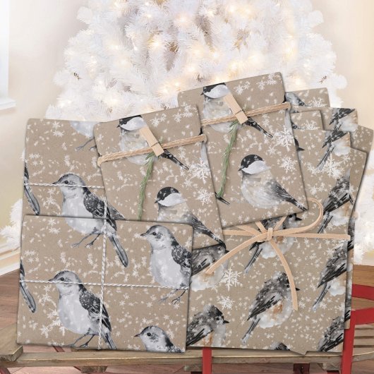 Rustikale Kraft Winter Birds Sparrows Chickades Geschenkpapier Set