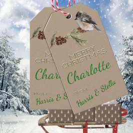 Rustikale Kraft Winter Sparrow Bird & Pine Branche Geschenkanhänger