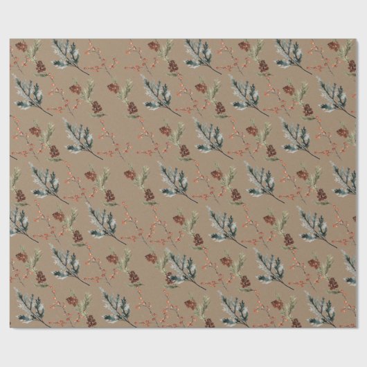 Rustikale Kraft Winter Spruce Cones & Berries Klei Geschenkpapier (Flach)