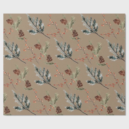 Rustikale Kraft Winter Spruce Cones & Berries Matt Geschenkpapier (Flach)