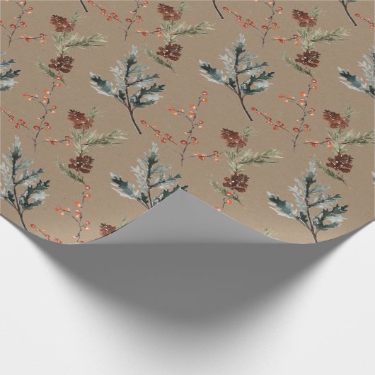 Rustikale Kraft Winter Spruce Cones & Berries Matt Geschenkpapier (Ecke)