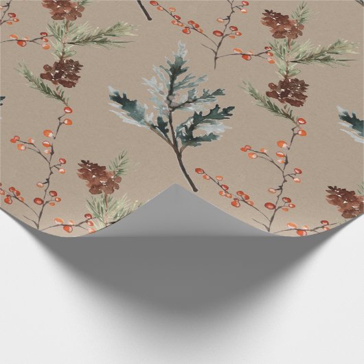 Rustikale Kraft Winter Spruce Pine Cones Red Berri Geschenkpapier (Ecke)